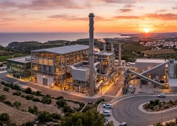 Veduta di un moderno impianto termovalorizzatore integrato nel paesaggio.