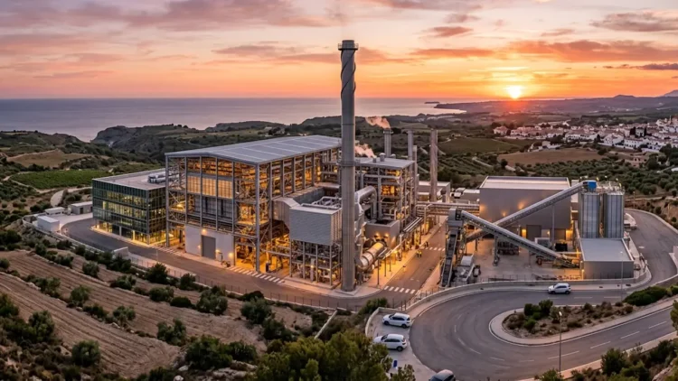 Veduta di un moderno impianto termovalorizzatore integrato nel paesaggio.