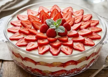 Tiramisù alle fragole fresco decorato con fette di frutta in una pirofila