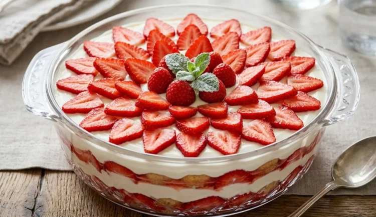 Tiramisù alle fragole fresco decorato con fette di frutta in una pirofila