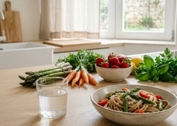 Tavola apparecchiata con verdure fresche e piatti leggeri per la dieta di maggio