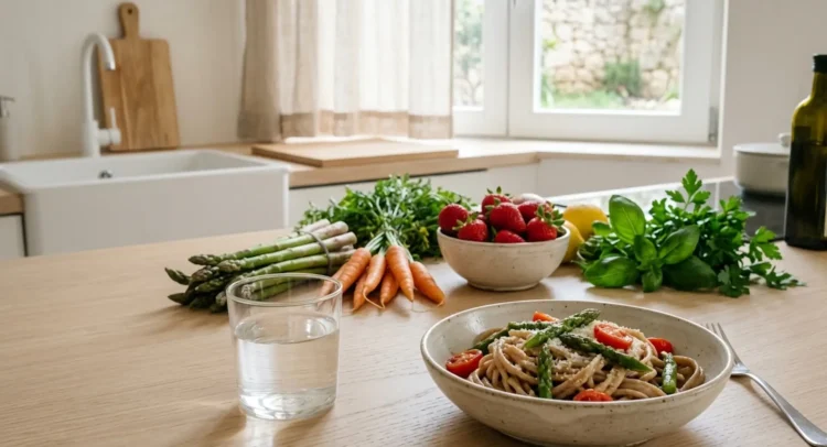 Tavola apparecchiata con verdure fresche e piatti leggeri per la dieta di maggio