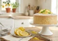 orta al limone soffice decorata con zucchero a velo su una tavola da colazione