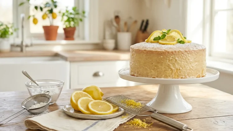 orta al limone soffice decorata con zucchero a velo su una tavola da colazione