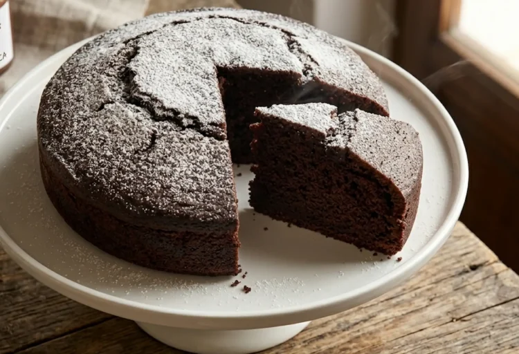 Torta alla Nutella appena sfornata con venature di crema al cioccolato, spolverata di zucchero a velo, su alzata bianca