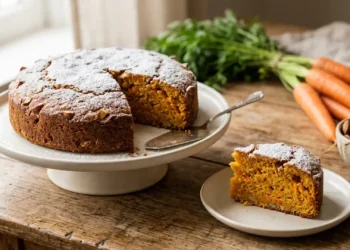 Torta di carote e mandorle spolverata con zucchero a velo su un tavolo di legno