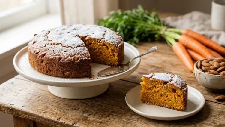 Torta di carote e mandorle spolverata con zucchero a velo su un tavolo di legno