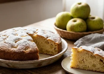Una torta di mele soffice appena sfornata e spolverata di zucchero a velo su un tavolo di legno