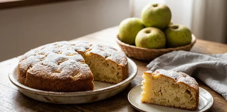 Una torta di mele soffice appena sfornata e spolverata di zucchero a velo su un tavolo di legno
