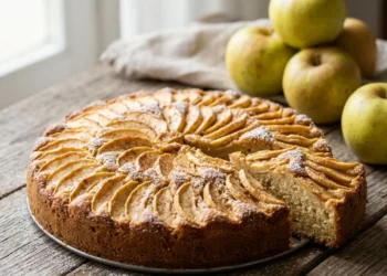 Torta di mele alta e soffice decorata con fettine disposte a raggio