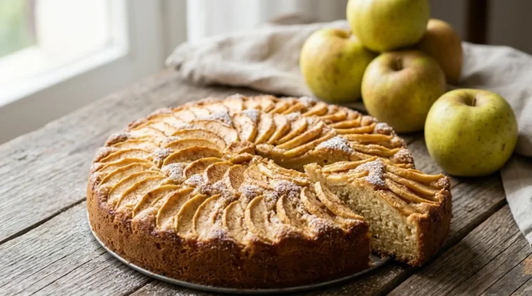 Torta di mele alta e soffice decorata con fettine disposte a raggio