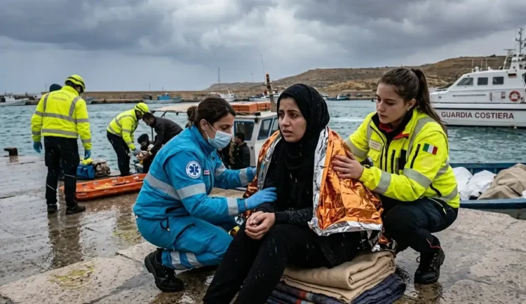 Una giovane donna migrante con uno sguardo traumatizzato, avvolta in una coperta termica dorata, assistita da soccorritori al molo Favarolo di Lampedusa. Sullo sfondo, una motovedetta della Guardia Costiera e operatori sanitari in un contesto di maltempo.