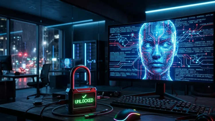 Rappresentazione concettuale di truffe online 2026 con volto digitale e lucchetto violato.