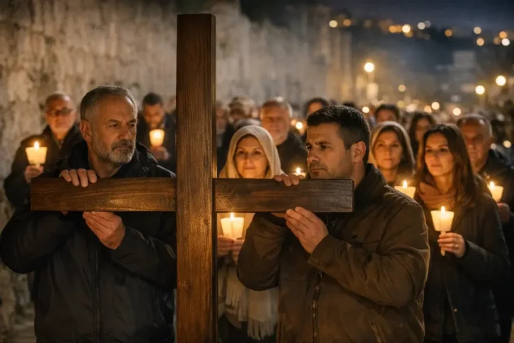 Operatori sanitari del 118 e medici intervengono su un uomo in arresto cardiaco durante una processione religiosa