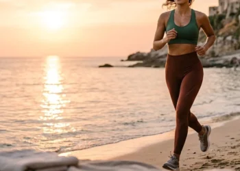 Una donna sorridente che si allena all'aperto, simbolo del benessere raggiunto da Vanessa Incontrada
