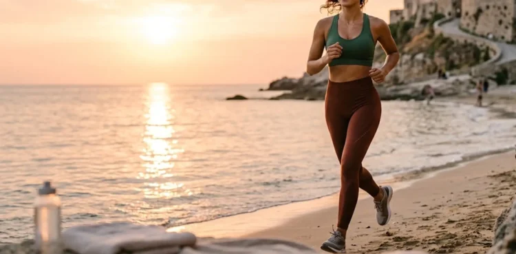 Una donna sorridente che si allena all'aperto, simbolo del benessere raggiunto da Vanessa Incontrada