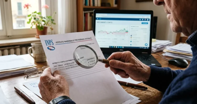 Un pensionato consulta documenti previdenziali e tablet per verificare l'importo dell'assegno INPS.