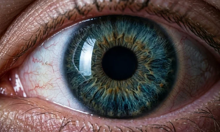 Dettaglio di un occhio umano che simboleggia l'infezione da virus marino nodavirus