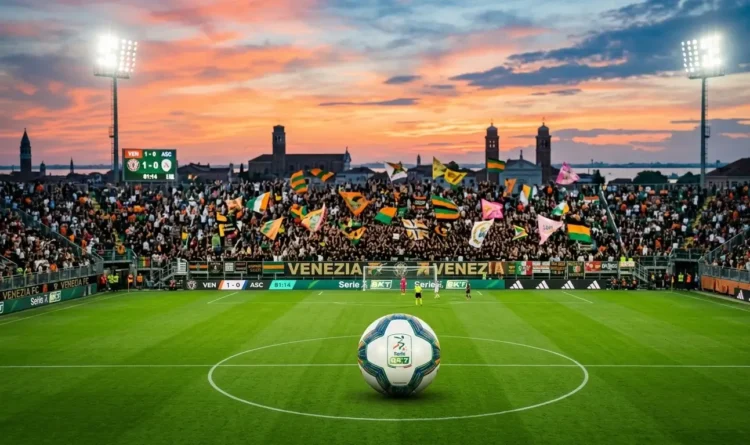 Pallone da calcio al centro di uno stadio italiano durante la lotta promozione Serie B