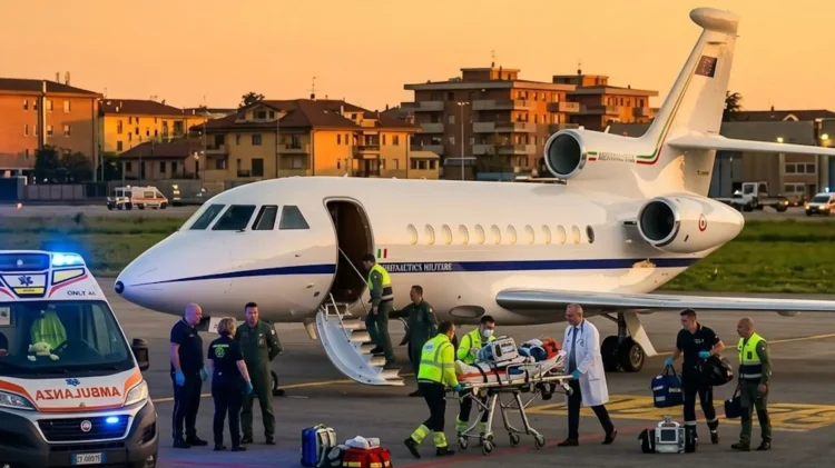 Velivolo Falcon 900 dell'Aeronautica Militare sulla pista per un trasporto sanitario d'urgenza.