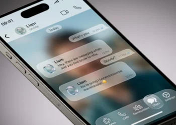 Dettaglio dell'interfaccia WhatsApp con il nuovo design Liquid Glass su uno smartphone.