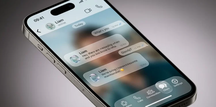 Dettaglio dell'interfaccia WhatsApp con il nuovo design Liquid Glass su uno smartphone.
