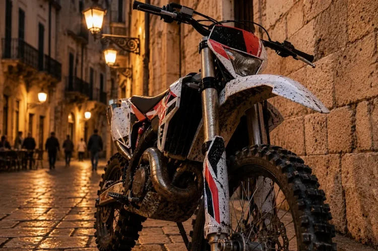 Moto da cross ferma su strada acciottolata in un centro storico siciliano di sera — immagine illustrativa generata con IA