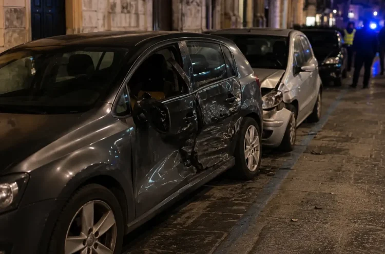 Immagine generata con IA che raffigura una strada urbana con auto danneggiata e posto di controllo delle forze dell’ordine, senza persone identificabili.