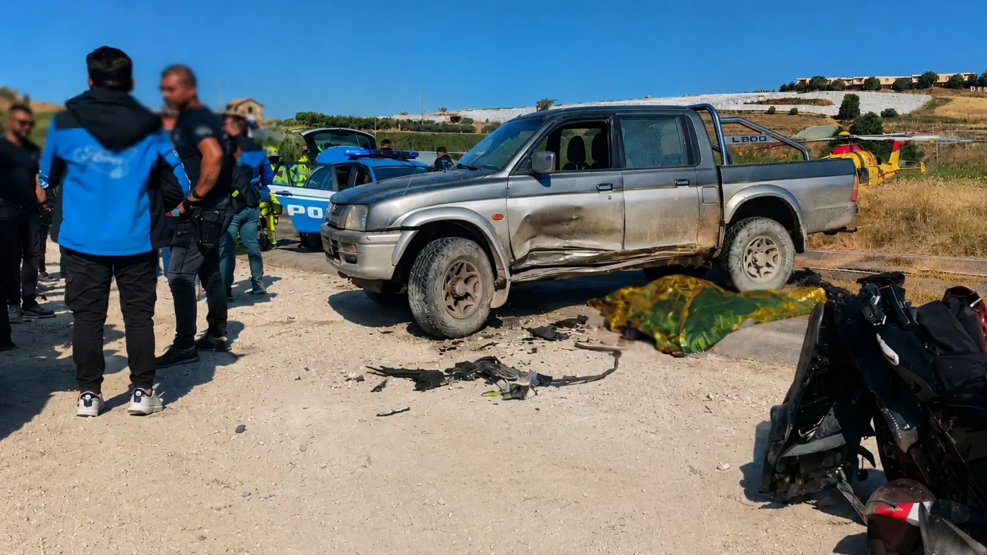 Incidente mortale sulla Statale 115 a Butera: sul luogo dello scontro tra una moto e un pickup intervengono soccorritori e forze dell'ordine.