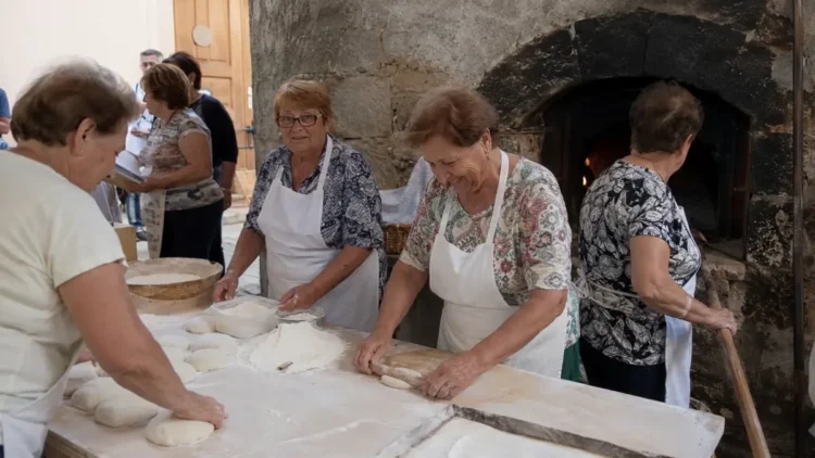 Le donne di Cassaro preparano pane e scacce nei forni sociali del borgo durante il weekend dei Borghi dei Tesori.