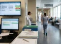 Illustrazione generata con IA che raffigura un monitor ospedaliero con dati sanitari e agenda delle prenotazioni in una struttura sanitaria italiana.