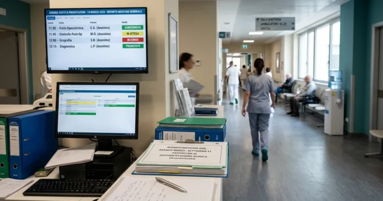 Illustrazione generata con IA che raffigura un monitor ospedaliero con dati sanitari e agenda delle prenotazioni in una struttura sanitaria italiana.