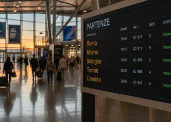 Tabellone delle partenze in un aeroporto regionale italiano con destinazioni nazionali