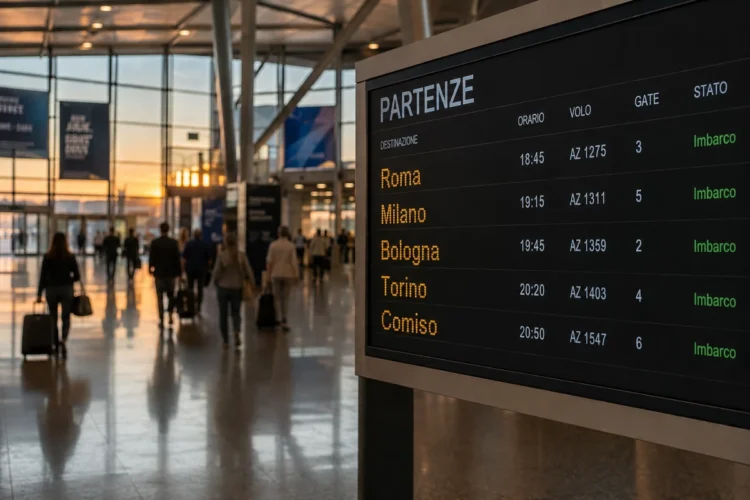 Tabellone delle partenze in un aeroporto regionale italiano con destinazioni nazionali