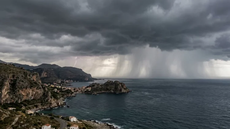 Cielo nuvoloso e minaccioso sopra la Sicilia con mare mosso.