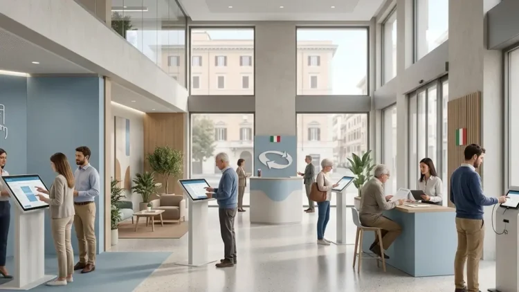 Ufficio INPS con cittadini che consultano pratiche digitali