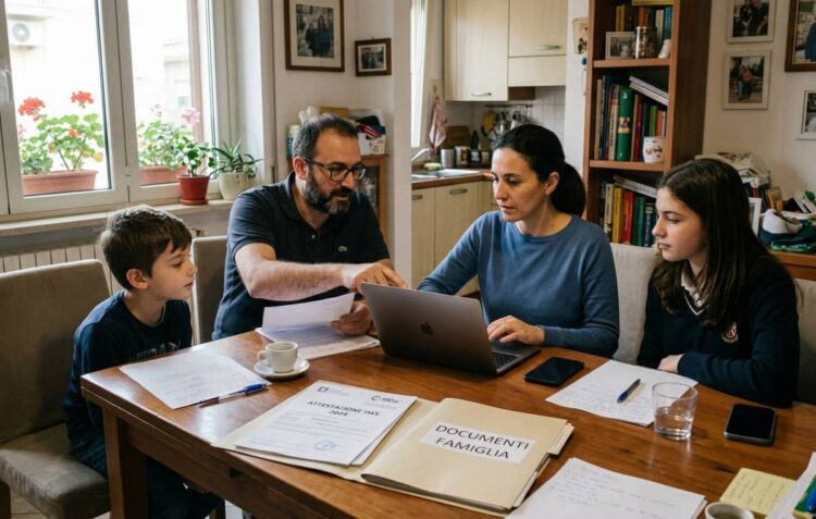Famiglia consulta dati assegno unico INPS 2026 su computer