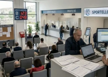 Sportello INPS con utenti in attesa per pratiche Assegno unico
