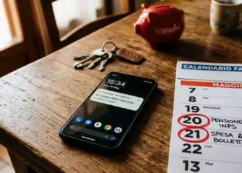 Smartphone con app INPS aperta e monete su un tavolo, riferimento al pagamento Assegno Unico maggio 2026