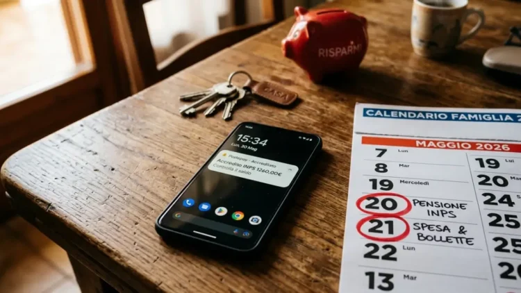 Smartphone con app INPS aperta e monete su un tavolo, riferimento al pagamento Assegno Unico maggio 2026