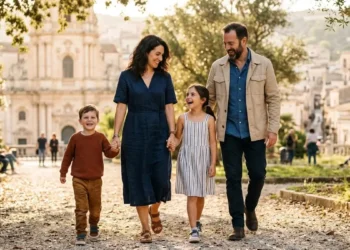 Una famiglia italiana passeggia nel parco, simbolo del sostegno garantito dall'Assegno unico universale 2026