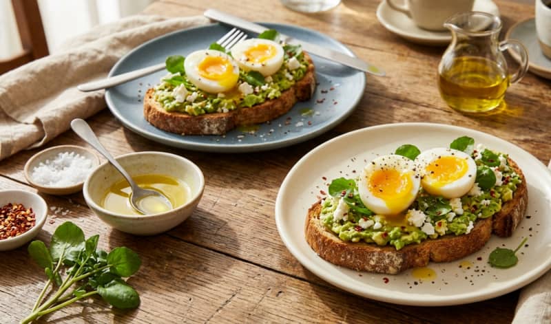 Due fette di avocado toast con uova barzotte dal tuorlo cremoso, feta sbriciolata e olio allo zenzero su un tavolo di legno