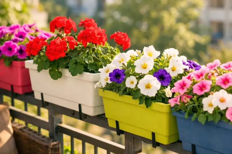 balcone fiorito con gerani e surfinie primavera 2026 fioriere ringhiera