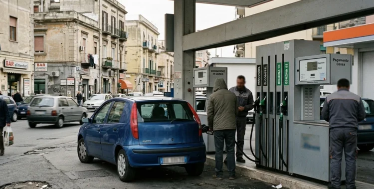 lavoratore che fa rifornimento carburante con auto in stazione di servizio