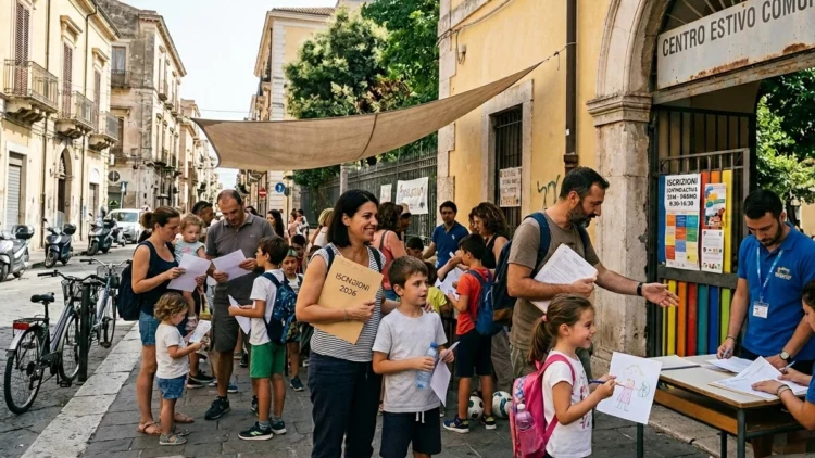 Famiglie in fila davanti a un centro estivo durante le iscrizioni 2026