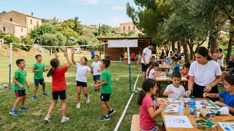 Famiglie e bambini in un centro estivo durante le attività ricreative