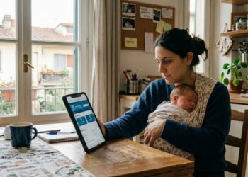 Genitore con neonato in braccio consulta lo smartphone per la domanda INPS del Bonus nuovi nati 2026