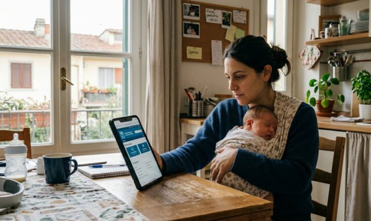 Genitore con neonato in braccio consulta lo smartphone per la domanda INPS del Bonus nuovi nati 2026