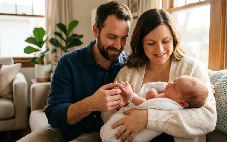 Genitori che stringono la mano di un neonato in un ambiente luminoso, simbolo del bonus nuovi nati 2026