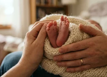 Mani di genitori che stringono i piedi di un neonato, simbolo del bonus nuovi nati 2026